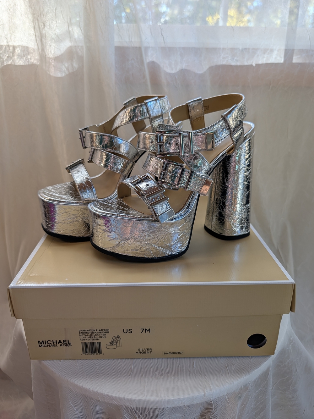 Michael Kors Metallic Silver Platform Buckle Sandals
